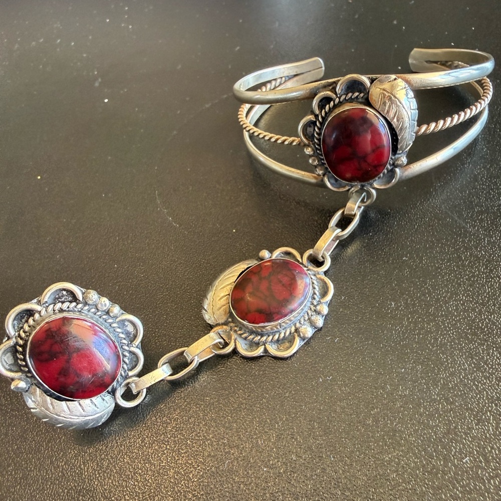 ❌SOLD❌Taxco mid century Slave bracelet w jasper signed SS